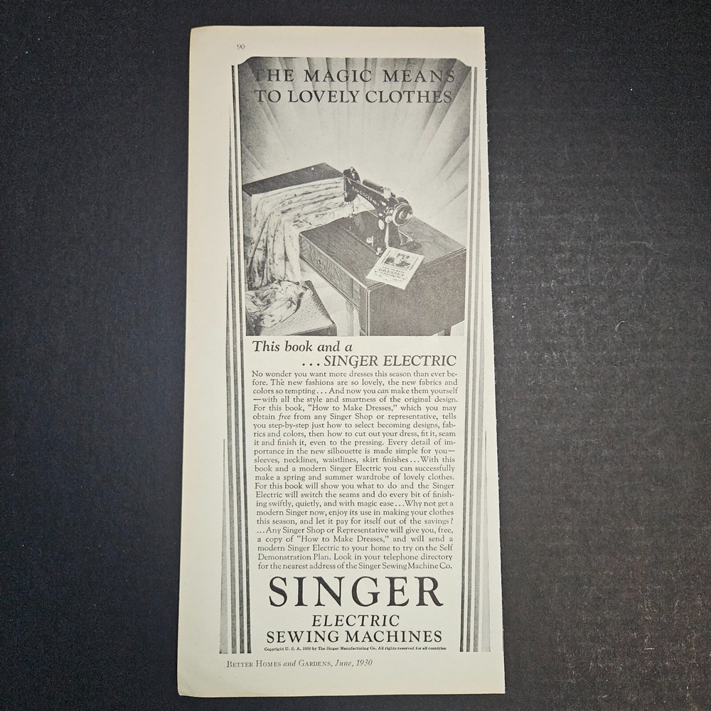1930‎ Singer Electric Sewing Machines 2/3 Page Black & White Vintage Print Ad